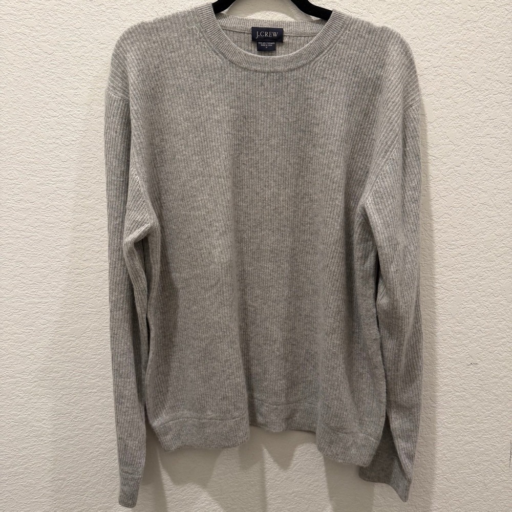 J.Crew Mens 100% 2-Ply Cashmere Ribbed Crewneck Sweater Heather Grey Medium